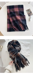 Detailed view of winter thick plaid scarf featuring fine tassels and soft woven texture