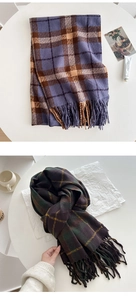 Detail of plaid scarves with tassels in purple and green patterns, cashmere feel texture