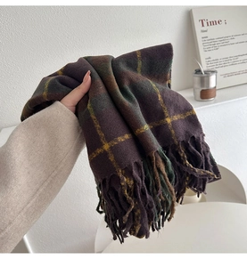 Close-up of thick plaid scarf featuring long tassels in purple, green and yellow plaid