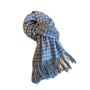 Classic blue and red plaid scarf with decorative tassels in a stylish knot layout