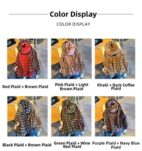 Detail of soft checkered scarf collection with fringe showing six distinct color patterns