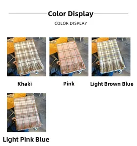Detail of grid patterns and soft fringes on scarves in four trendy color options