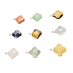Assorted natural stone four-leaf clover pendants with metal loops for DIY jewelry making