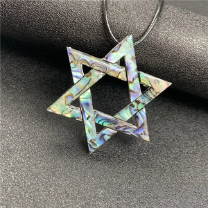 Macro shot of abalone shell hexagram pendant featuring iridescent mosaic textures