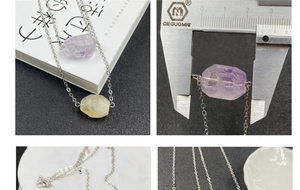 Detail view of 18mm faceted amethyst and citrine pendants with silver chain measurement