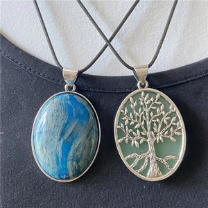 Collier Pendentif Ovale Arbre De Vie En Pierre Gemme Cristal Naturel Agate Quartz Oeil De Tigre Bijoux Femmes Hommes