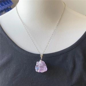 Geometric irregular purple amethyst raw stone pendant necklace with silver chain