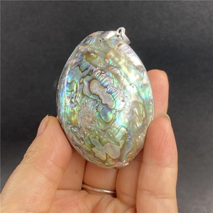 Detailed view of an oval abalone shell pendant featuring natural iridescent rainbow textures