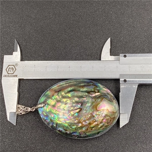 Oval abalone shell pendant with natural colorful hues measured at 80mm width