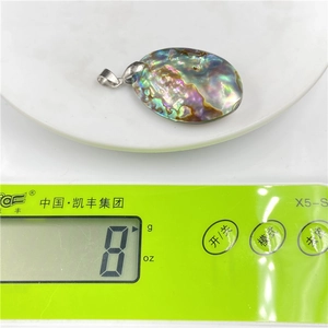 Detailed view of an oval abalone shell pendant weighing 8g on an electronic scale