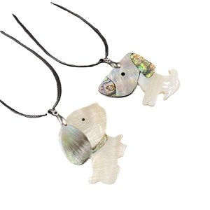 Puppy pendant necklace made of natural white mother of pearl and abalone shell mosaic