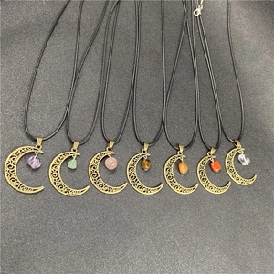 Hollow Moon Pendant Natural Stone Antique Bronze Crystal Amethyst Rose Quartz Bohemian Jewelry For Women