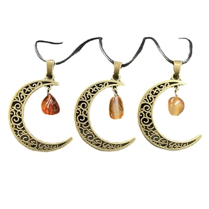 Bronze hollow moon pendants with raw amethyst and carnelian stones on black cords