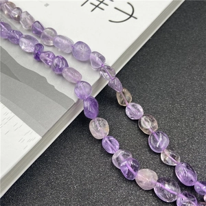 Macro shot of irregular natural amethyst beads showing purple gradient and clear texture