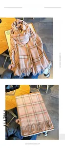 Detail showing soft pink checkered imitation cashmere scarf with long tassels texture
