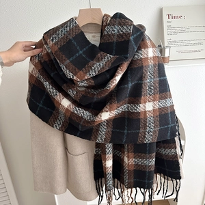 Winter Vintage Check Plaid Scarf For Women Thick Warm Imitation Cashmere Long Shawl Wrap With Tassels Soft Pashmina Fringe