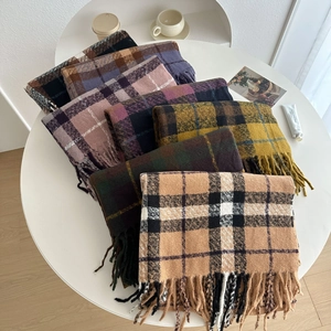 Thick winter plaid scarf with tassels in various colors like camel and mustard yellow