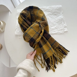 Thick vintage plaid scarf in mustard yellow with classic checkered pattern and long tassels