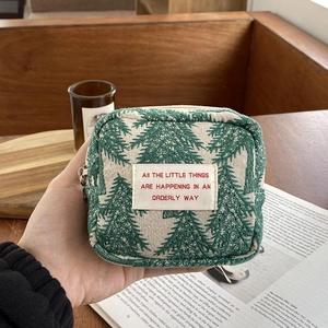 Green and white embroidered forest tree makeup bag with metal zipper for daily use
