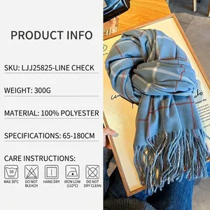 Écharpe à carreaux bleue avec franges, châle chaud et épais de 65x180cm pour femmes