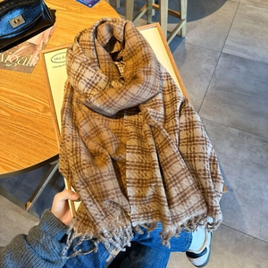Retro brown plaid scarf with fringe, thick knit winter muffler for men and women