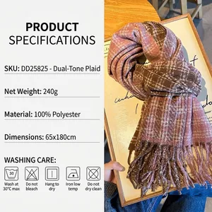 Retro pink and brown checkered knit scarf with tassels and product specifications