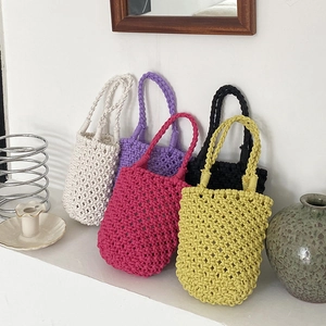 Sac À Main Crochet Fait Main Pour Femmes Polyester Coton Ajouré Petit Sac Seau Vacances D'Été Accessoires