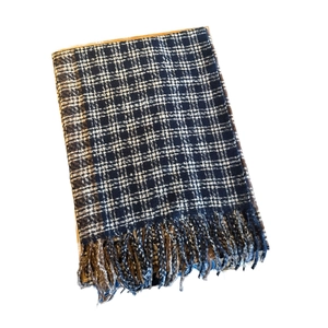 Classic blue and brown checkered winter scarf with fringes on a clean white background