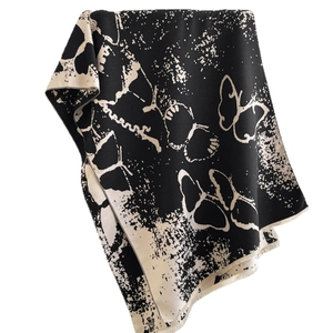 Artistic ink butterfly print cashmere scarf with fringe hem in black and beige colors