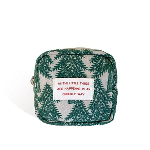 Green pine tree embroidered cotton linen coin purse with a silver metal zipper