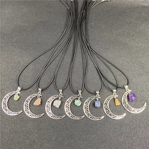 Set of 7 hollow crescent moon necklaces with natural raw crystal stone pendants