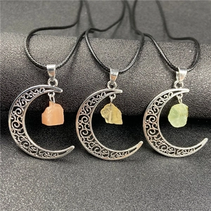Crescent Moon Pendant Hollow Alloy Natural Rough Stone Amethyst Citrine Crystal Retro Bohemian Style Jewelry Women
