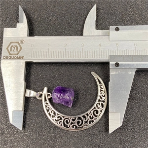 Hollow crescent moon necklace with raw amethyst crystal stone pendant measuring 43mm