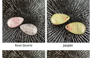 Polished water drop pendants in Rose Quartz and Unakite stone with pre-drilled holes