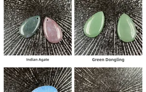 Macro detail of tear drop shaped Indian Agate and Green Aventurine natural stone pendants