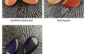 Detailed view of teardrop crystal pendants in gold sandstone, red agate, and blue sandstone