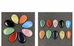 Macro display of diverse colorful water drop stone pendants with pre-drilled holes