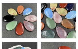 Macro shot of colorful teardrop crystal pendants showing smooth texture and top drill holes