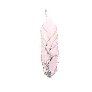 Pink crystal hexagonal prism pendant with wire-wrapped tree of life design in silver