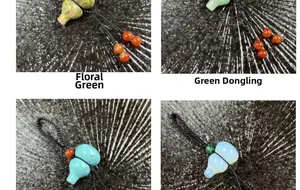 Detail view of woven gourd keychains in mottled green and green aventurine gemstones