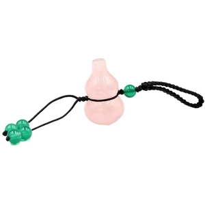 Pink quartz gourd pendant with black woven cord and green agate beads in traditional style