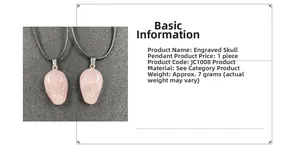 Detail view of pink quartz crystal skull pendant with dimensions and weight chart