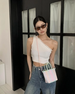 Mini macaron colorful hand-woven plastic crossbody bag styled with a summer outfit