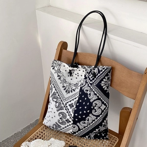Women Paisley Print Canvas Tote Bag Retro Bandana Pattern Large Capacity Cotton Shoulder Handbag Casual Shopping Bag