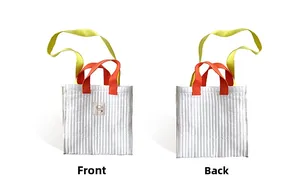 Detailed front and back views of white quilted tote bag with orange and yellow straps