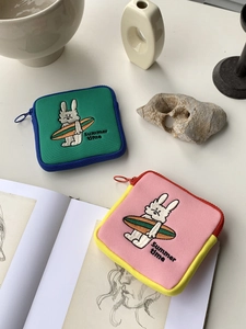 Cute Cartoon Rabbit Surfing Embroidery Square Mini Cosmetic Bag Polyester Small Earphone Digital Storage Bag For Women Men