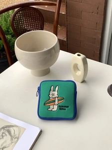 Green cartoon canvas mini storage bag with rabbit embroidery and Summer Time text