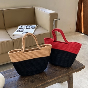 Sac Fourre-tout pour Femme Tissé à la Main en Corde de Coton Polyester Bloc de Couleur pour Plage Voyage Shopping Sac Décontracté