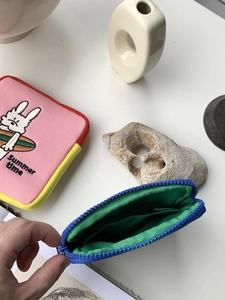 Cartoon bunny embroidery mini storage pouch with zipper and summer time design