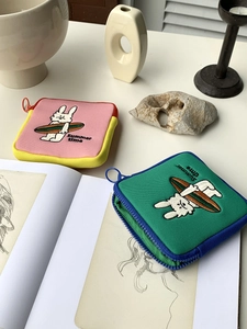 Minimalist cartoon rabbit coin purse set with summer embroidery and ring zipper